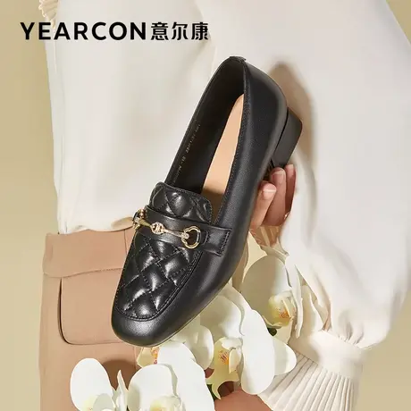 意尔康女鞋2023春季新款真皮乐福鞋女粗跟中跟通勤小皮鞋英伦单鞋商品大图
