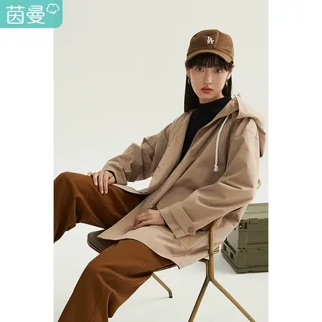 【商场同款】茵曼2023春季新款女工装风下摆开衩宽松连帽长袖风衣图片
