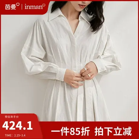 茵曼法式通勤连衣裙女2024春季新款气质收腰显瘦系带衬衫裙子长裙图片