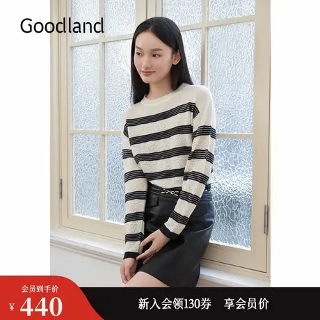 Goodland美地2024冬季新款羊毛撞色条纹提花谷波肌理毛针织衫商品大图