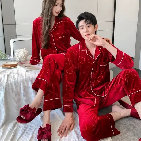 金丝绒睡衣男女士秋冬季2024年新款情侣高级感丝绒红色本命年套装商品大图