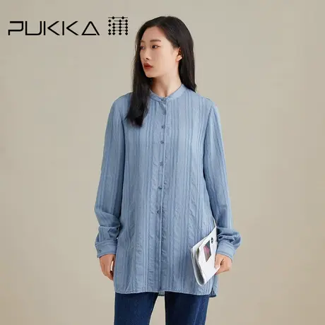 蒲PUKKA 商场同款条纹衬衫女2022秋装新品宽松休闲中长圆领衬衣商品大图