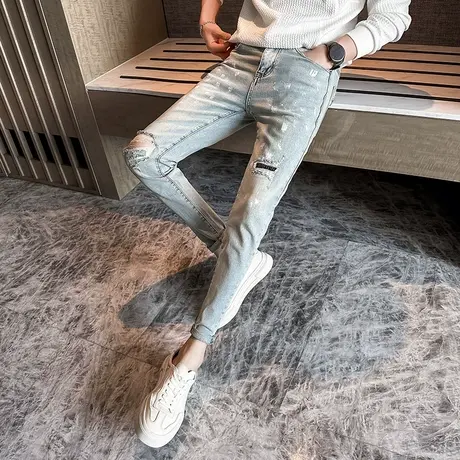 2023秋季新品水洗做旧破洞牛仔裤潮牌刮烂泼墨铅笔裤男显瘦小脚裤商品大图