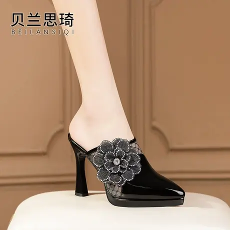真皮花朵包头外穿细跟凉拖鞋女2025春夏季新款防水台高跟鞋商品大图