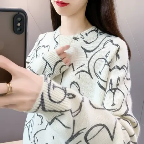 卡通小熊圆领毛衣女宽松2023秋冬装新款时尚百搭打底针织衫上衣潮商品大图