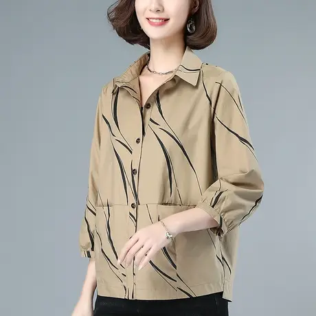 七分袖衬衫女秋季新款加肥加大码女装宽松中年妈妈纯棉休闲女衬衣商品大图