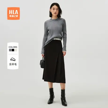 【含羊毛】HLA/海澜之家修身针织衫秋新黑色圆领通勤保暖毛衣女装商品大图