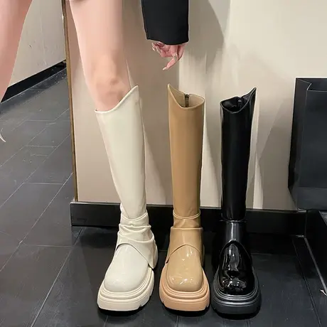 永希长筒靴女2023春秋季新款英伦风百搭法式瘦瘦靴粗跟斜口骑士靴图片