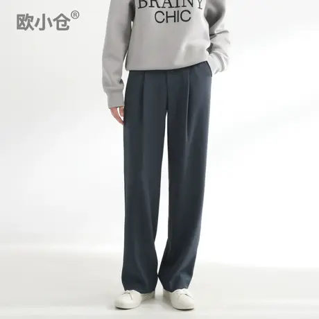 欧小仓奶茶裤 单褶阔腿裤女高腰 垂感拖地裤品质帅气宽腿长西装裤图片