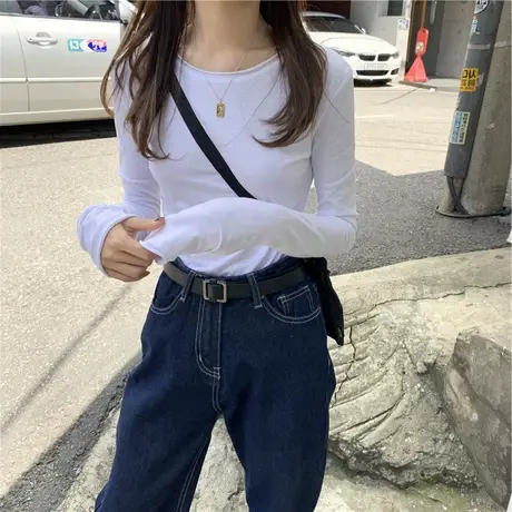 简约基础款纯色长袖t恤女ins超火紧身弹力薄款修身内搭打底衫上衣图片