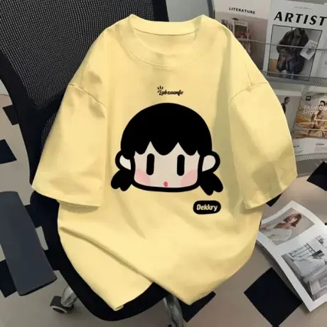 美式纯棉T恤男女款奶黄色短袖夏季凉感小众情侣装半袖ins宽松上衣图片