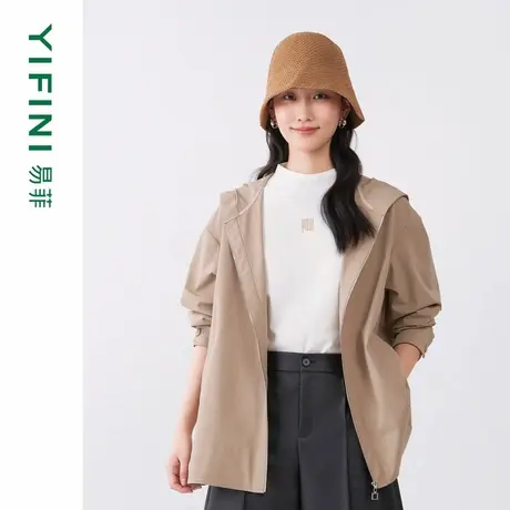 [专柜同款]Yifini/易菲卡其色宽松连帽中长款百搭外套风衣女秋新商品大图