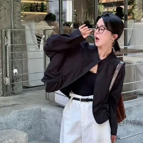 设计感立领短款棒球服外套女欧洲站2025秋季新款百搭褶皱夹克上衣商品大图