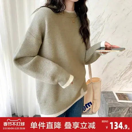 唐狮秋冬简约假两件设计圆领套头毛衣女春秋可外穿休闲百搭潮图片
