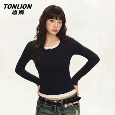 唐狮官方假两件长袖t恤女2026新款春季修身打底衫内搭黑色上衣VC图片