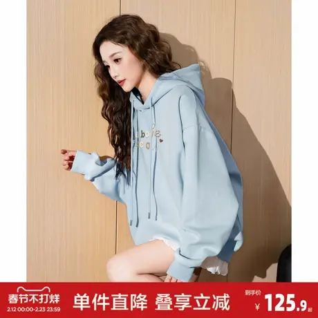 唐狮2026春季新款连帽卫衣女字母印花可爱风浅蓝色宽松型时尚百搭图片