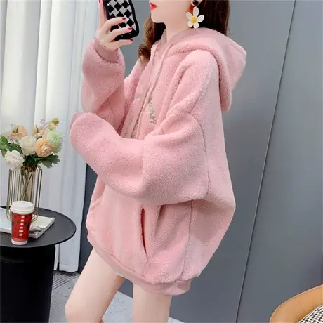 羊羔毛卫衣女加绒加厚2022秋冬新款宽松慵懒风刺绣字母上衣外套潮图片