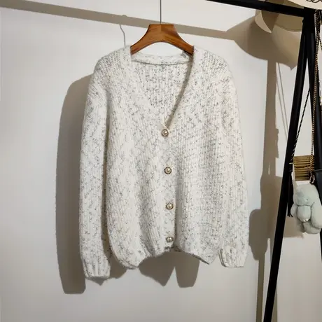 学院风针织开衫女2023秋冬新款韩版宽松休闲V领上衣长袖毛衣外套商品大图