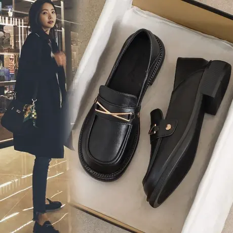 真皮乐福鞋女秋冬季2023年新款加绒英伦风黑色软底豆豆鞋粗跟单鞋商品大图