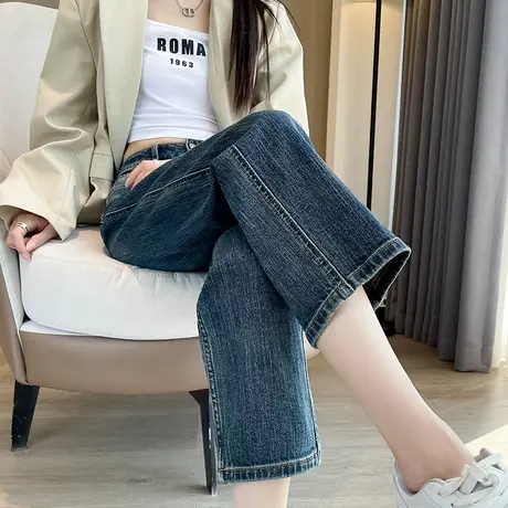 复古牛仔烟管裤女春秋季2023年新款高腰修身显瘦小个子窄版直筒裤商品大图