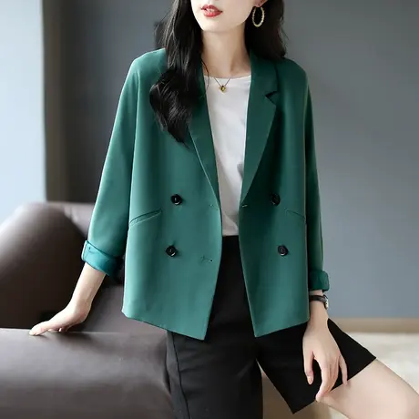 宝诗黎双排扣短款时尚秋季西装外套女装2023新款宽松休闲西服上衣商品大图