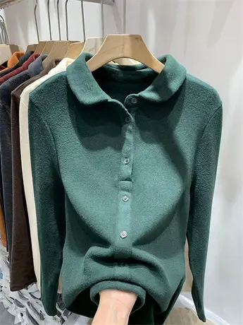 欧货保暖翻领单排扣双面德绒上衣女2023秋冬新款保暖打底衫上衣潮商品大图