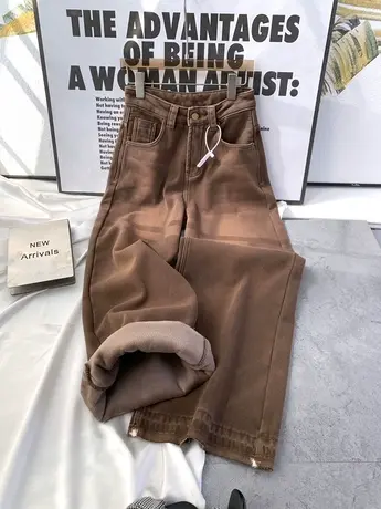 水洗磨白咖色牛仔直筒裤2023秋冬新款加绒加厚高腰宽松阔腿休闲裤商品大图