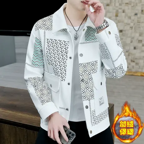 高级感加绒加厚韩版夹克男士个性潮牌痞帅男装上衣秋冬季翻领外套图片