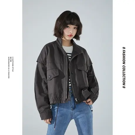 [商场同款]唐狮春秋季短外套女棉质立领纯色上衣休闲百搭工装外图片