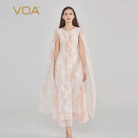 VOA真丝渐变淡粉色圆领无袖塔克褶装饰披肩式设计清秀古风仙女裙图片