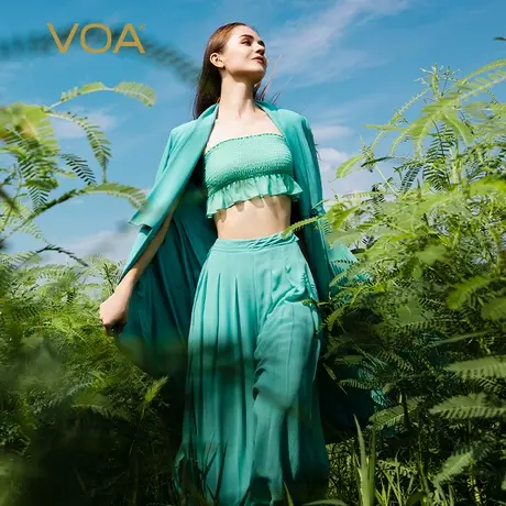 VOA60姆米重磅长空真丝翻领长袖拼接百褶乔其丝绸收腰桑蚕丝外套商品大图