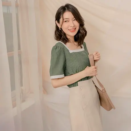 桔熊夏季通勤气质撞色短袖条纹小衫修身方领上衣女装大码AB17079商品大图