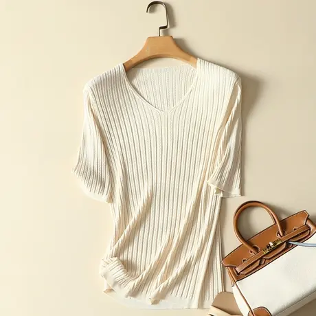 清仓！冰丝针织衫女装2024夏季新款V领宽松套头短袖t恤女薄款上衣图片