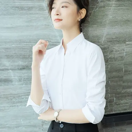 衬衫女职业V领长袖2024春季新款面试工装正装工作服抗皱白色衬衣商品大图