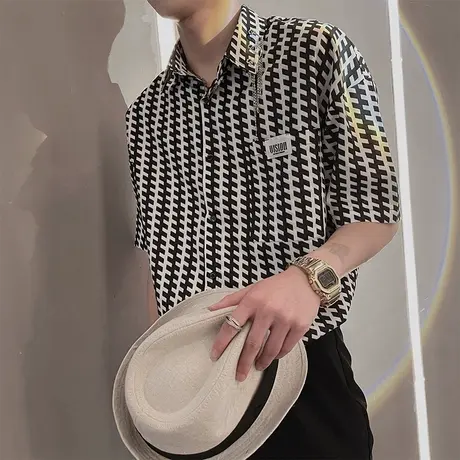 夏季男衬衫上衣短袖宽松半袖潮流青年时尚个性休闲条纹发型师衬衣商品大图