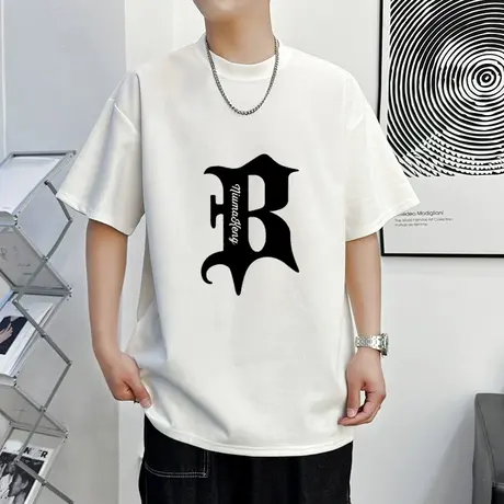 2023夏季新款男士短袖T恤重磅麂皮绒短袖T恤男阔版宽松学生潮流商品大图