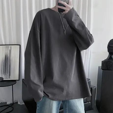 棉感长袖男夏季潮牌宽松圆领休闲上衣服百搭帅气打底衫内搭T恤男商品大图