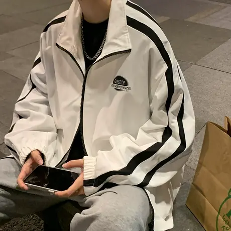 春季新款撞色条纹拼接开衫夹克男士潮流宽松立领美式港风休闲外套商品大图