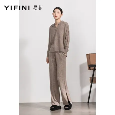 Yifini/易菲下摆开叉宽松直筒毛织裤女秋新款时尚通勤休闲裤商品大图