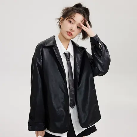 尔给黑色美式复古皮衣外套女2022新款高级感设计感夹克商品大图
