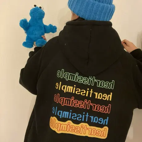 红续设计感小众字母黑色加绒卫衣女美式复古高街潮流上衣秋冬新款图片