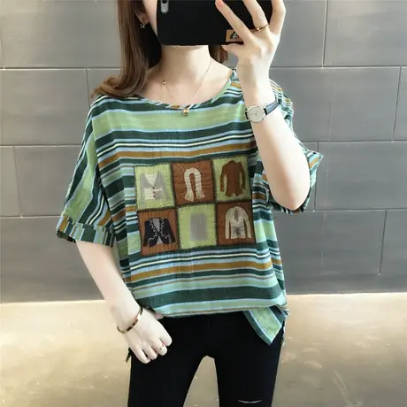 2023夏季新款女装复古文艺风百搭棉麻T恤女短袖圆领套头宽松上衣商品大图