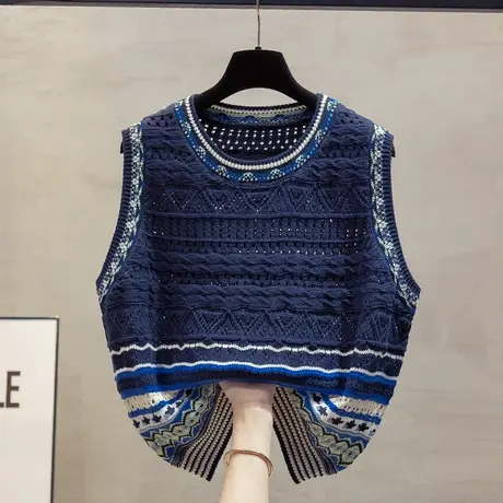 圆领复古针织马甲背心女2025春秋新款宽松外穿上衣镂空毛衣坎肩潮商品大图