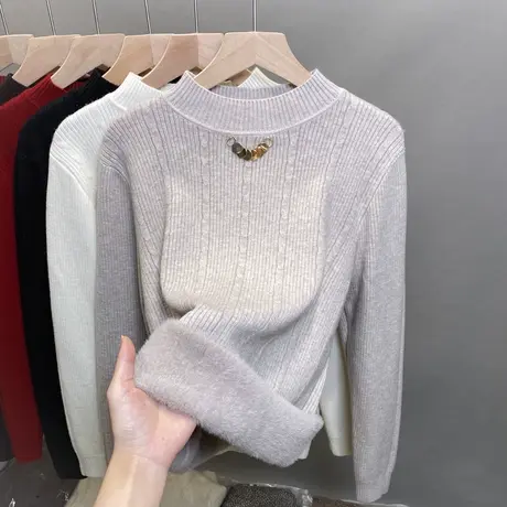 一体绒半高领毛衣女加厚加绒打底衫2023秋冬新款针织衫内搭上衣潮商品大图