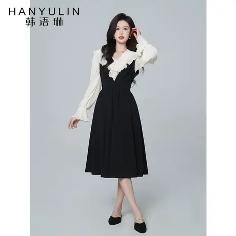 韩语琳黑色拼接连衣裙女春秋2023新款法式气质收腰显瘦高级感裙子图片