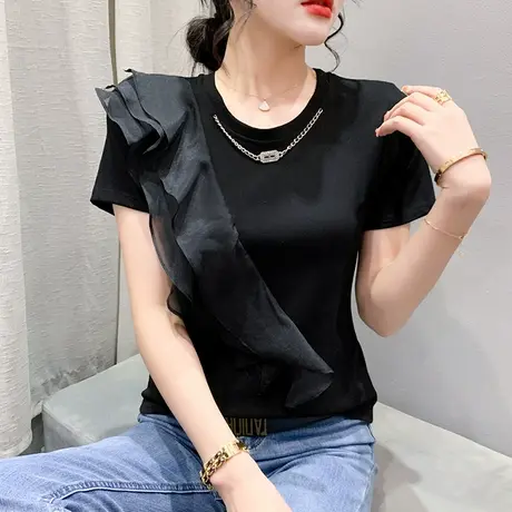 女装2024新款荷叶边网红T恤短袖设计感小众洋气上衣紧身百搭小衫图片