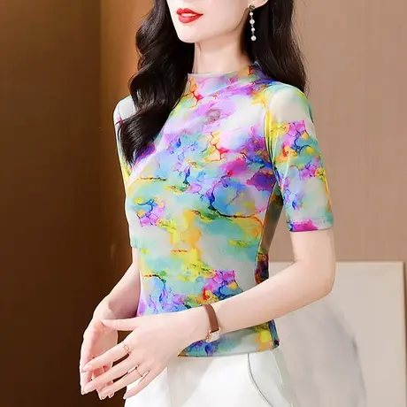 2024夏装新款印花网纱五分袖T恤女时尚洋气立领上衣漂亮减龄小衫商品大图