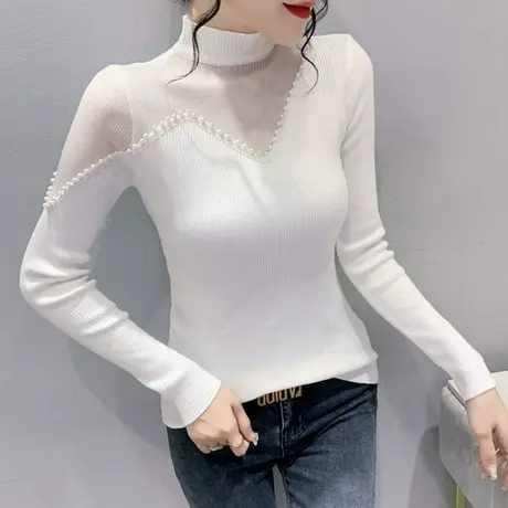 欧货网纱拼接打底衫女春秋内搭性感镂空毛衣时尚钉珠半高领针织衫商品大图