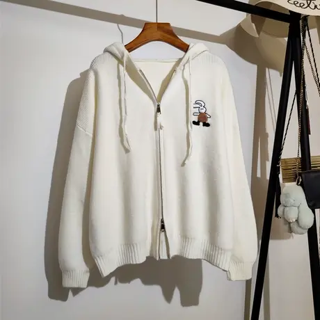 连帽针织卫衣毛衣女秋冬新款宽松慵懒风卡通刺绣双拉链针织衫外套商品大图