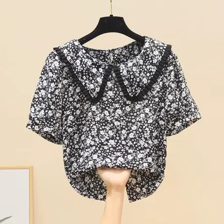 小个子洋气减龄夏上衣短袖娃娃领雪纺衬衫时尚碎花套头衬衣小衫潮图片